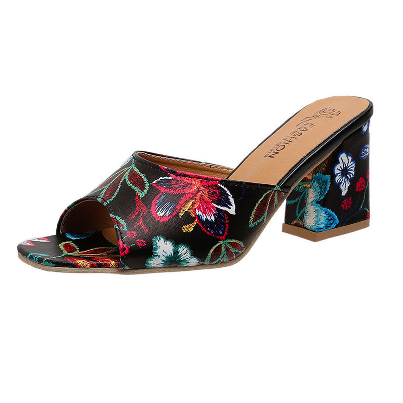 Wholesale Women's Embroidered Open Toe High Heel Square Head plus size Slippers